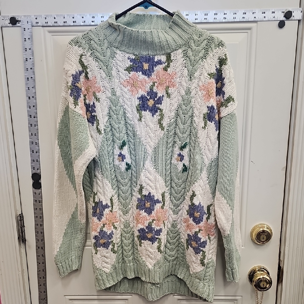 Grandma, Floral, Cable Knit, Mockneck, Sweater, Mint, White, Vintage, Sprin,